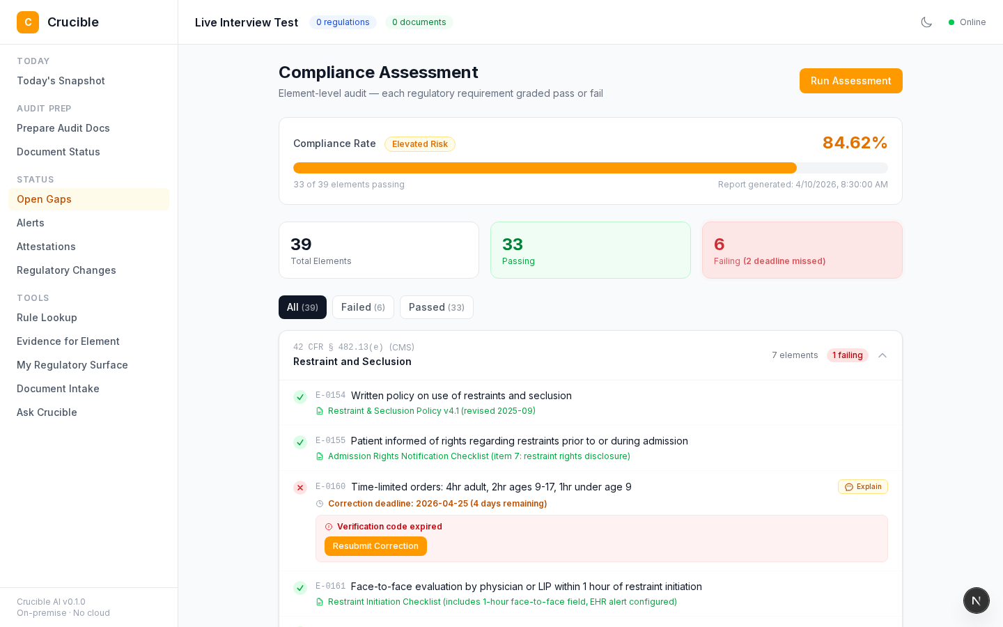 Open Gaps / Compliance Assessment page